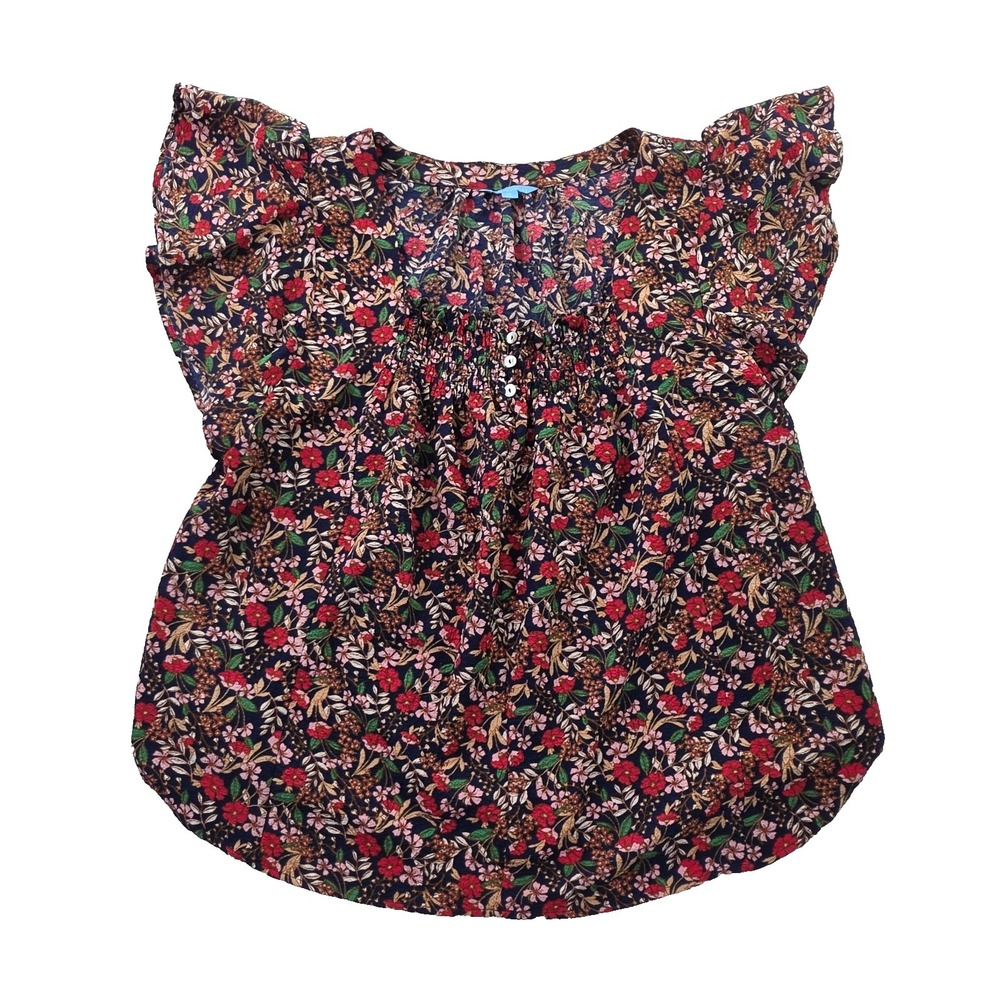 Draper James Tunic Top Women's XL Blue Red Floral Flutter Sleeve Ruffle Ruching